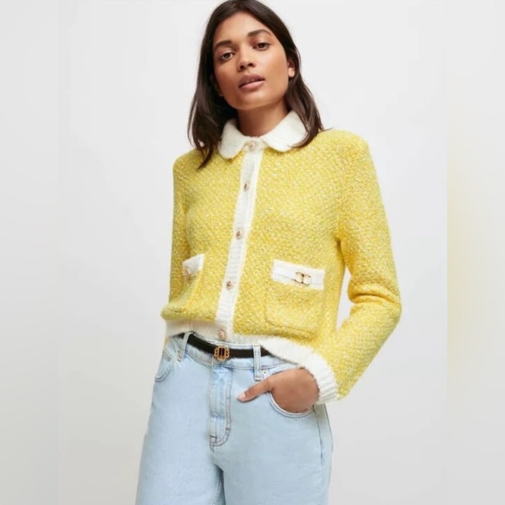 Maje Fancy Knit Removable Collar Bouclé-knit Sweater Cardigan, Maje-2